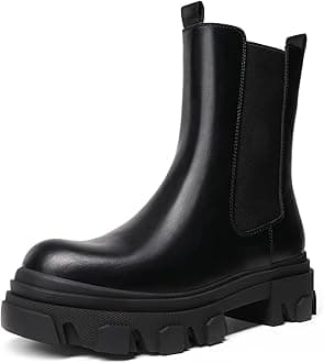 DREAM PAIRSWomen's Platform Chelsea Boots Lug Sole Combat Mid Calf Slip On Chunky Ankle Booties