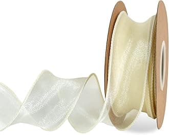 TONIFUL 1-1/2 Inch Wide Beige Cream White Wired Chiffon Ribbon Sheer Organza Ribbons for Crafts Floral Bouquets Wedding Car Party Decorations Valentine's Day Gift Wrapping Bow Making Tree Wreaths