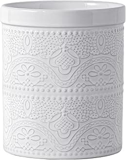 FE FUN ELEMENTS Kitchen Utensil Holder,7.2" Super Large Utensil Crock Heavy and Stable Lace Emboss Ceramic Utensil Holder for Countertop (Bright White)