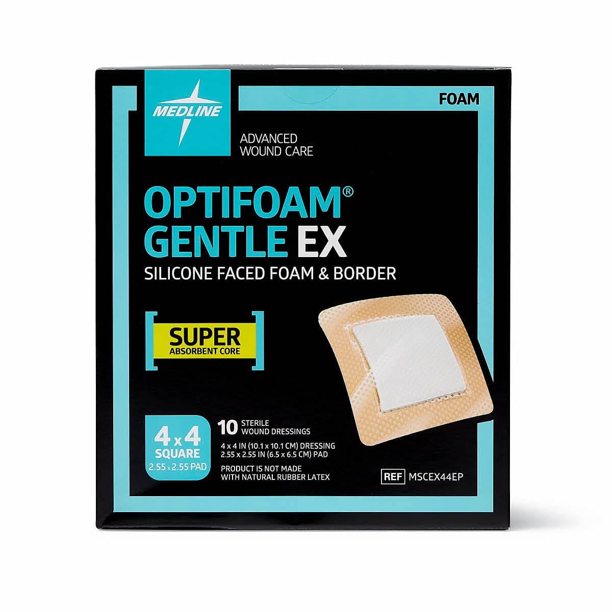 Optifoam Gentle EX Bordered Foam Adhesive Dressing, 4" x 4" Square (10 Count)