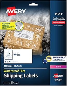Waterproof Printable Shipping Labels with Sure Feed, 2" x 4", White, 100 Blank Mailing Labels (15513)