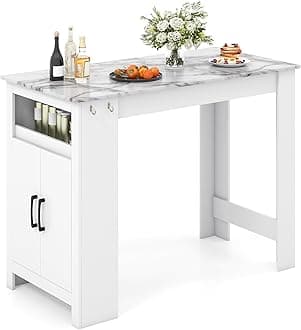COSTWAY Bar Table, Modern Faux Marble Breakfast Table with 7 Hanging Hooks, Open Compartment, Storage Cabinet & Adjustable Shelf, Counter Height Dining Table for Kitchen, Dining Room, Living Room