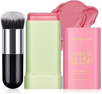 HOSAILY Cream Blush Stick for Cheeks, Eyes & Lips, Multi-Use Makeup Stick, Travel-Friendly Tinted Moisturizer, Natural Glow Blendable Blusher with Brush - Shy Pink