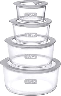 Glass Food Containers with Glass Lid, Microwave Safe Food Storage Container, Large 4 Pack Round Shape, Food Containers with Lids, Meal Prep containers with Leak Proof Lid.