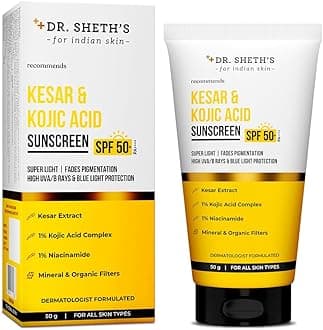 Dr. Sheth's Kesar & Kojic Acid Sunscreen | In-Vivo Tested | Pigmentation-Free, Glowing & Protected Skin | SPF 50+ PA++++ | Lightweight, Zero White Cast | 50 g