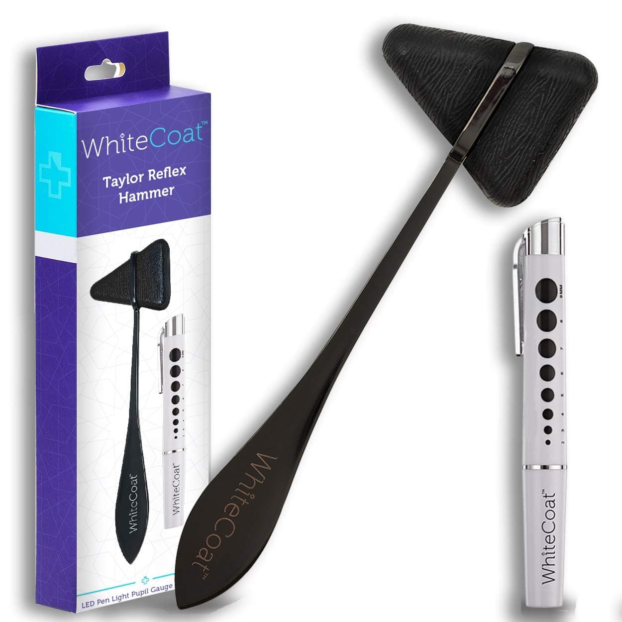 White Coat Taylor Percussion Reflex Hammer – Tactical Black with LED Pen Light Pupil Gauge for Nurses, EMS, Medical Students, Emergency Room