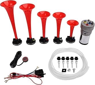 FARBIN Musical Horn 5 Trumpet Music Sound Air Horn with Compressor Play Lacucaracha Melody Red 12V 150db for Train Truck Car Boat RV UTV Motorcycle (LACUKARACHA Musical Horns Kit)