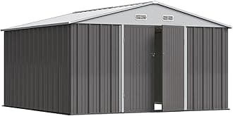 Greesum 10×10 FT Outdoor Storage Shed, Metal Storaged Sheds Without Floor, Tool Sheds with Lockable Doors and Slooping Roof for Garden, Patio, Backyard, Gray