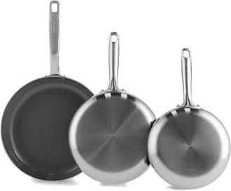 Chatham Tri-Ply Stainless Steel Healthy Ceramic Nonstick 8" 9.5" and 12" 3 Piece Frying Pan Skillet Set, PFAS-Free, Multi Clad, Induction, Dishwasher Safe, Oven and Broiler Safe, Silver
