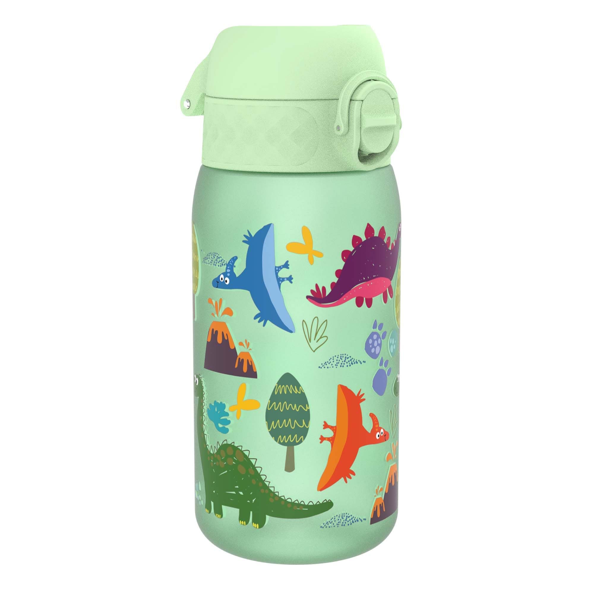 Small Water Bottle, Leak Proof, Easy to Open, Secure Lock, Dishwasher Safe, Flip Cover, Carry Handle, Easy Clean, Durable, Water Bottle, Raised Print, Green, Dinosaurs