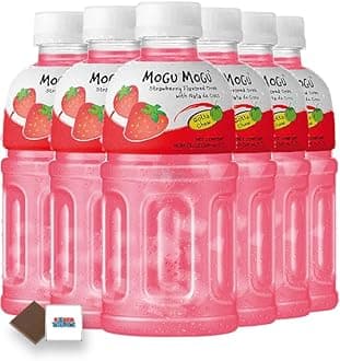 Mogu Mogu Flavored Drinks 6x320ml, STRAWBERRY - Nata De Coco Juice - Refreshing Taste - Fun Drinking During Hot Summers Or Take Them On Trips & Picnics Boxed Treatz