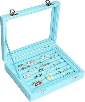 Rings Organizer Tray 7 Slots Velvet Jewelry Earring Storage Box with Transparent lid Jewelry Display Case for Girls Wife Mom Women (Light Blue)