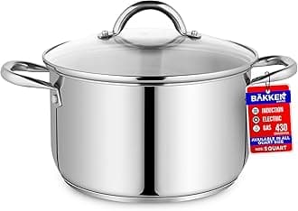 Stainless Steel Stockpot with Tempered Glass Lid 5 Quart, Durable 18/0 Stainless Steel, Impact-Bonded Base for Even Heating, Riveted Handles, Oven & All Stove Compatible, Safe Up To 500°F (260°C)