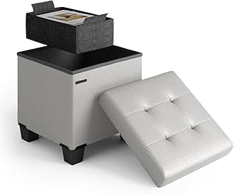 STORAGEBUD Storage Ottoman Cube with Small Bin, 16-in Square Ottoman with Storage for Living Room and Bedroom, Small Ottomans Foot Rest, Faux Leather Foot Stools Ottomans Max 330lbs, Light Grey
