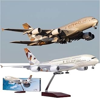 1/160 Scale 20.1in Airplane A380 ETIHAD Airline Model with Light and Wheel Diecast Plastic Resin Plane for Collection Alloy Diecast Aircraft Jet Model Plane Gift(Beige)