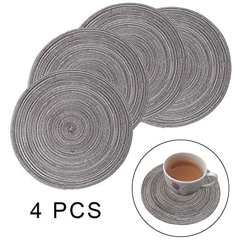 Huture 4 pcs Round Placemats Potholders Set Braided Dining Table Mat Countertops Heat Pads for Cooking Baking Kitchen Coffee Drinks Hot Pot Holders Jar Opener Spoon Rest Diameter 7” (Black)