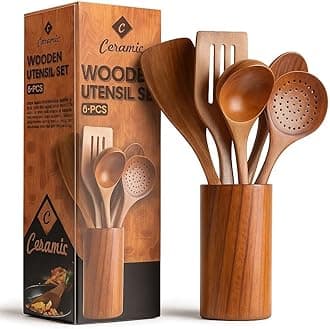 CERAMIC Wooden Spoons For Cooking 6 Piece Organic Bamboo Utensil Set With Holder Wood Kitchen Utensils Spatula Spoon For High Heat Stirring In Nonstick Pots & Pans Quality (Dark Brown)