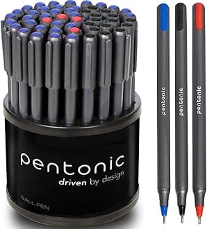Pentonic Premium Ball Point Assorted Pens 1.0 mm Medium Point, 50-Count + Pen Organizer For Desk | Medium Point Featherlite Feel, Easy Flow Ink Technology Office Pen, Sleek Matte Finish