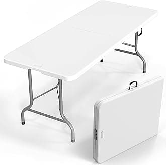 6 Foot Plastic Folding Table Portable Long Table for Indoor Outdoor Use Rectangular with Carrying Handle, Smooth HDPE Tabletop, White