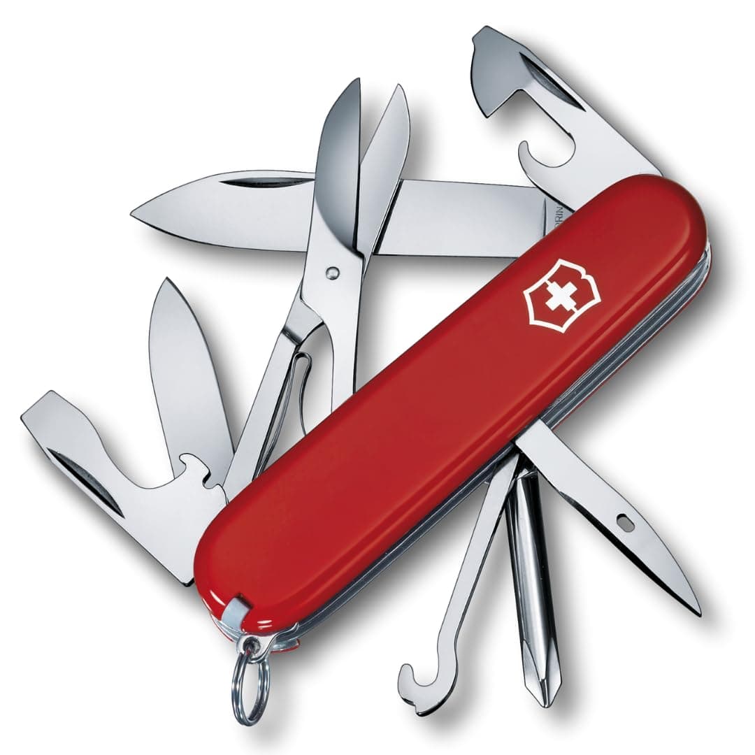Super Tinker Swiss Army Pocket Knife, Medium, Multi Tool, 14 Functions, Blade, Bottle Opener, Red