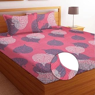 BSB HOME Premium Cotton All Round Elastic Fitted Bedsheets with 2 Pillow Covers | Double Bed with Longlasting 180 TC Supersoft Wrinklefree | for 78x72+10 Mattress (Floral, Pink & Grey)