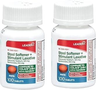 Leader 2-in-1 Stool Softener & Stimulant Laxative, Docusate Sodium 50mg, Sennosides 8.6 mg, Gentle Occasional Constipation Relief for Adults, Both Men & Women, & Children Ages 6+, 100 Tablets 2-Pack