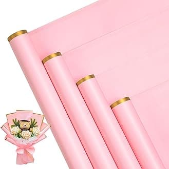 Loveinside 20 Sheets Flower Wrapping Paper - Gold Edge Waterproof Floral Bouquet Wrapping Paper - Florist Supplies Packaging Paper for Birthday, Wedding and DIY Crafts - Pink