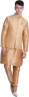 Uri and MacKenzie Men's Silk Blend Regular Kurta Churidar Pyjama with Bundi Nehru Jacket/Waistcoat