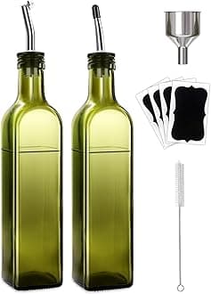 Leaflai 2 Pcs Green Glass Olive Oil Dispenser and Vinegar Dispenser Set with 2 Stainless Steel Pourers, 4 Labels, 1 Brush, 1 Funnel (500ml) for Kitchen, Cooking, Salad Dressing, Barbecue, Mixing