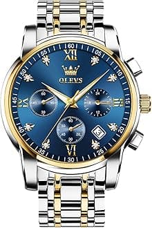 Men's Stainless Steel Chronograph Watch, Big Face Gold Silver Black Tone Easy to Read Analog Quartz Watch, Luxury Waterproof Date Diamond Roman Arabic Numerals Dial Dress Watch for Men