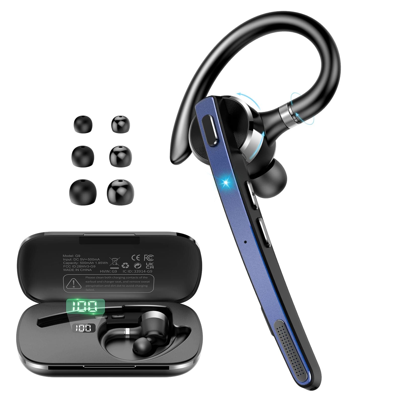 Bluetooth Headset Wireless Bluetooth 5.3 Earpiece, Dual Noise Cancelling Mics, 90Hrs Hands Free Headset with APTX HD Audio & Mute Button, Single-Ear Headphone for Trucker/Business/Office/Gym/Blue