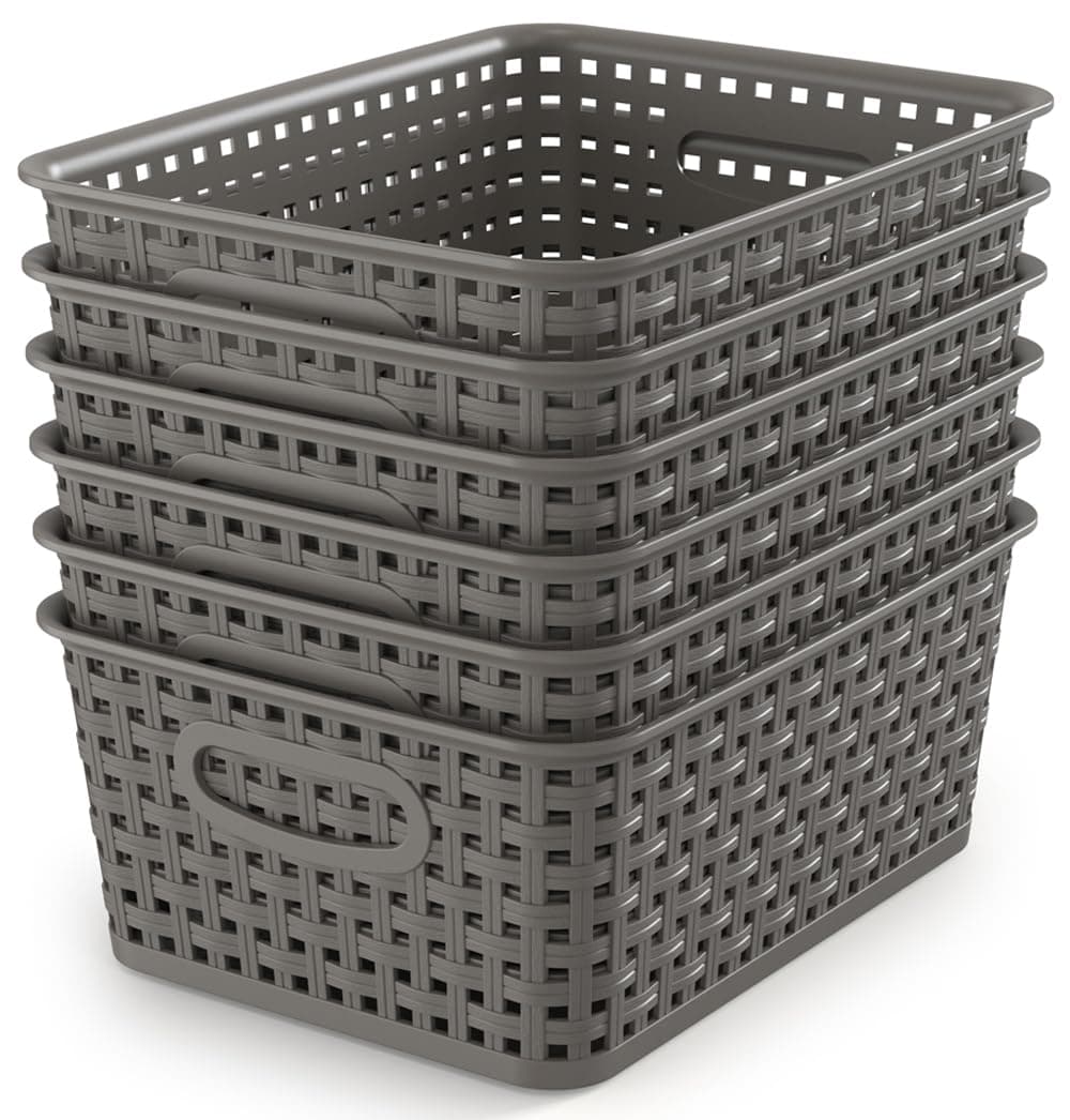 Weave Storage Organizer Baskets, Grey 6-Pack Plastic Woven Baskets, 10.1" x 7.55" x 4.1"