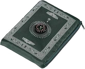 OBD Pocket Prayer Mat with Qibla Compass Foldable Small Dark Green Prayer Rug 60 x 100cm Lightweight Travel Namaz Mat Muslim Gift for Hajj Umrah & Ramadan