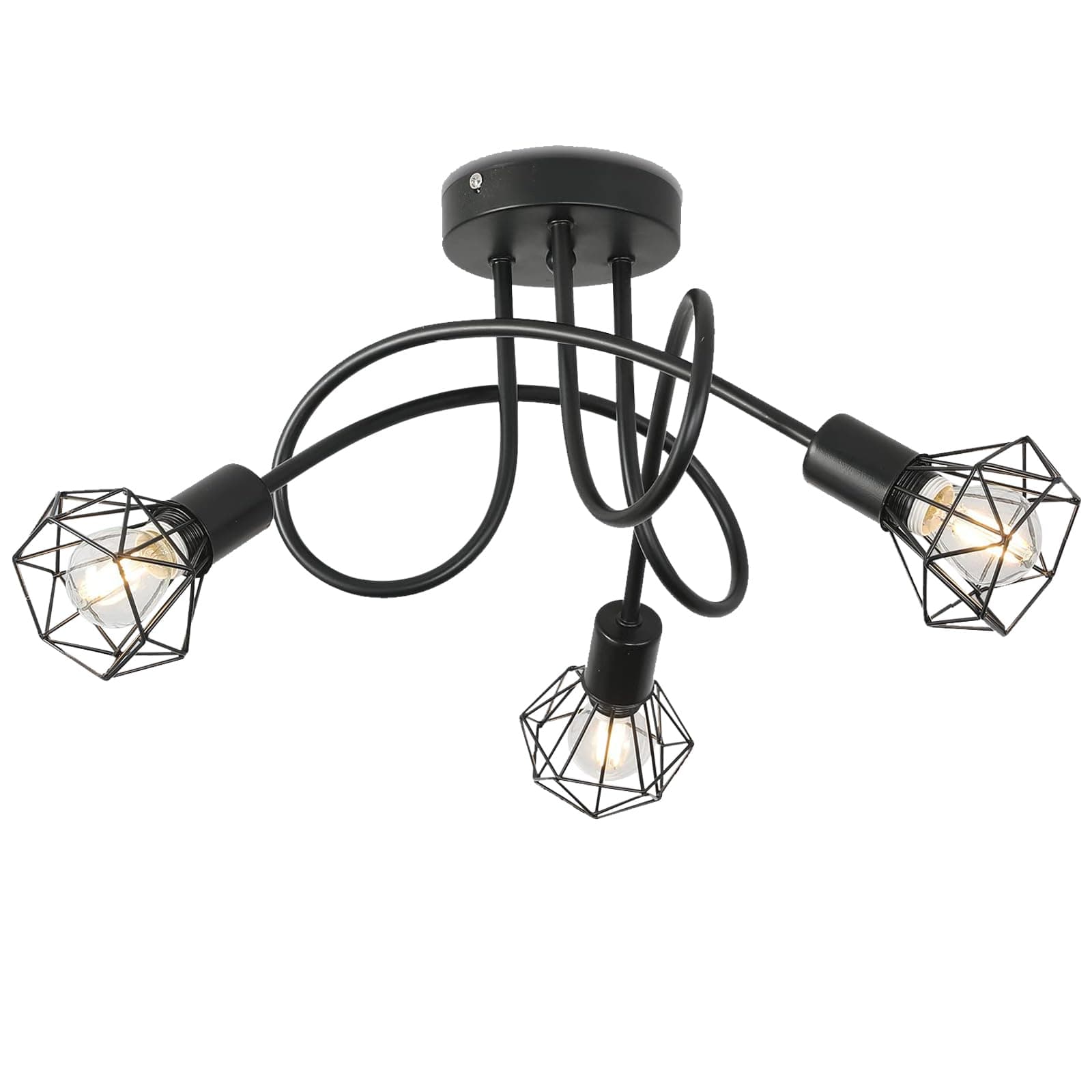 Industrial 3 Way Ceiling Light Chandelier Semi-Flush Mount E14 Base Black Metal Caged 3 Lights Ceiling Light Fixture for Bedroom Living Dining Room Hallway(Bulbs not Include)