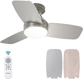 Amico Ceiling Fans with Lights, 30 inch Low Profile Ceiling Fan with Light and Remote Control, Flush Mount, Reversible, 3CCT, Dimmable, Noiseless, Nickel Ceiling Fan for Bedroom, Indoor/Outdoor Use