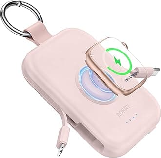 RORRY Portable Charger, 5000mAh Portable Charger Power Bank with Built-in Cables, Travel Keychain Battery Pack for Apple Watch Ultra/11/10/9/8/7/6/SE, iPhone Air/17/16/15/14/13/12, Pink
