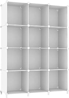 AWTATOS Cube Storage Organizer Storage 12 Cube Bookshelf DIY Plastic Closet Clothes Storage Shelves with Wooden Mallet, Stackable Storage Solution for Home, Bedroom, White