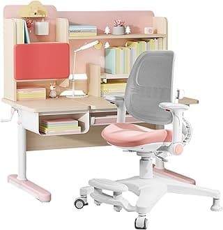 FCD Kids Study Desk and Chair, Height Adjustable Wooden Children Desk with Bookshelf, Tiltable Desktop, Tablet Holder, Storage Cabinet and Pull-Out Drawer, Pink