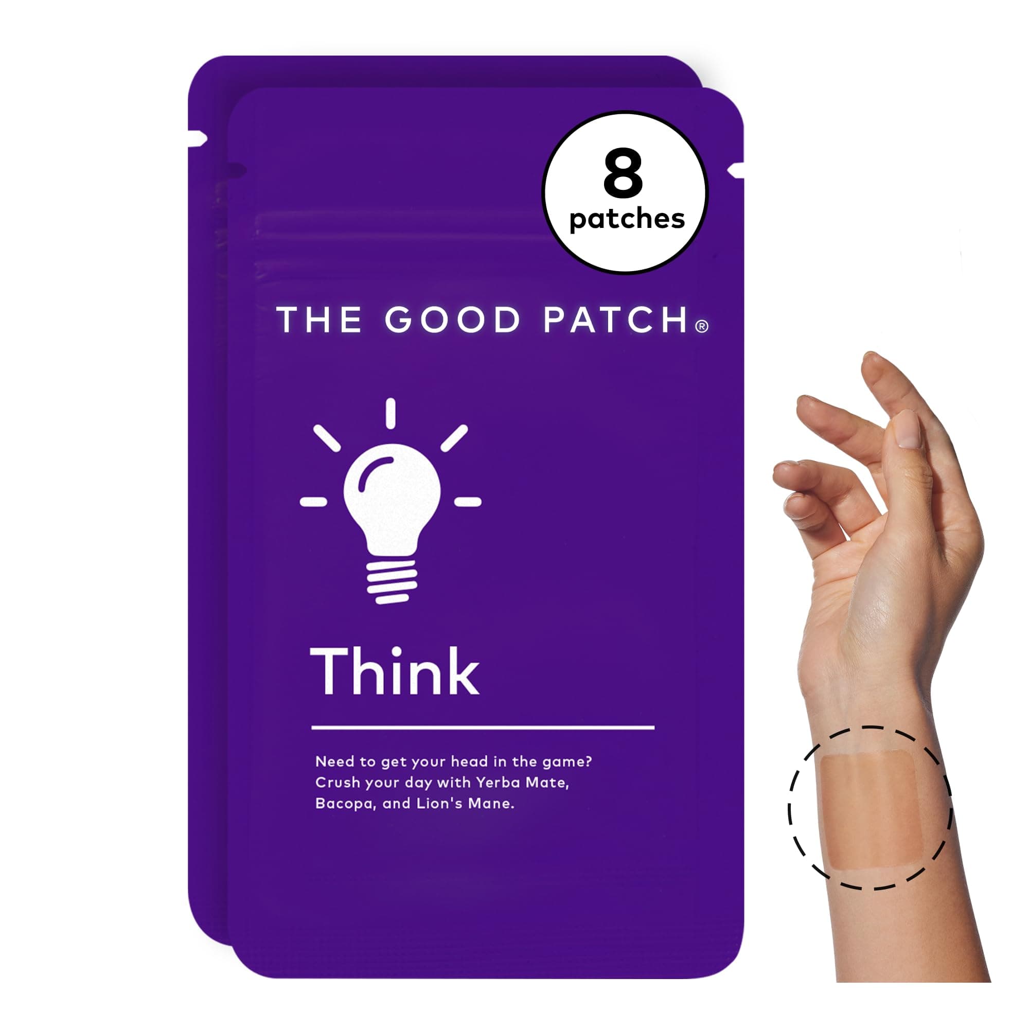 The Good Patch Think Patch, Natural Patch with Caffeine, Yerba Mate, Bacop, Lion's Mane, Plant Powered Wearable Wellness, Focus Patches, Sustained Release (8 Total Patches)