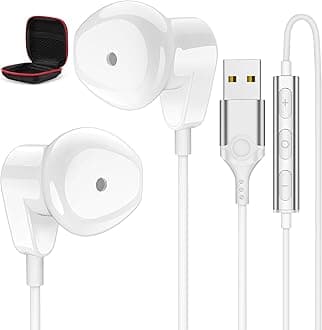 APETOO USB Headset with Microphone for PC/Laptop, 7.5FT USB Type-A Wired Earbuds in-Ear Headphones - Volume Control, Mute Audio, Lightweight, Compatible with Lenovo Acer HP Dell Laptop Desktop, White