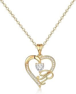 YesteelHeart Initial Necklace for Women, 14K Gold Plated Cubic Zirconia Heart Pendant Necklace, Dainty Initial Charm Necklace Letter A to Z Initial Jewelry for Women Girls
