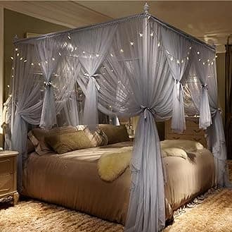 Nattey Gray Canopy Bed Curtain King Size - 4 Opening Mosquito Net Cozy Bed Drapes Bedroom Decoration