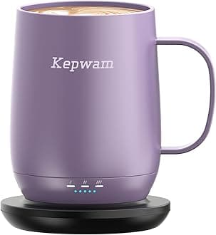Kepwam Lilac Violet 16oz Smart Heated Coffee Mug, 150 Min Battery Life - Hot up to 149°F, Stainless Steel & Ceramic, Purple