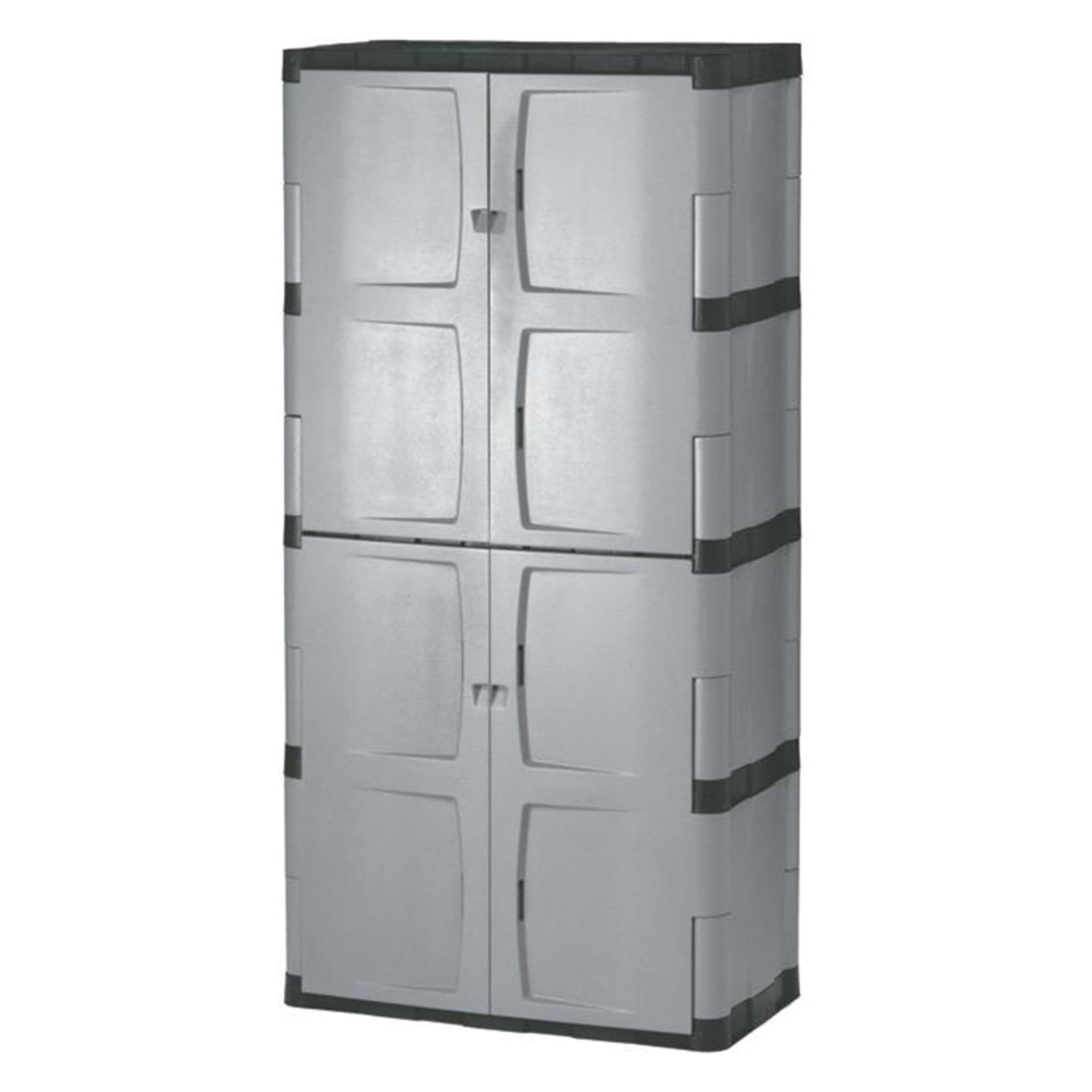 Rubbermaid Freestanding Storage Cabinet Five Shelf with Double Doors Lockable Large 690-Pound Capacity Gray For Garage/Outdoor Garden Tools/Toys/Power Tools/Pool Accessories Grey