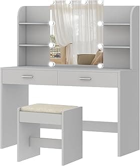 usikey Vanity Desk, Makeup Vanity Table with 10 LED Light Bulbs, Vanity Table, Vanity Desk Set with 2 Drawers, 6 Storage Shelves & Cushioned Stool for Women Girls, Bedroom, Grey