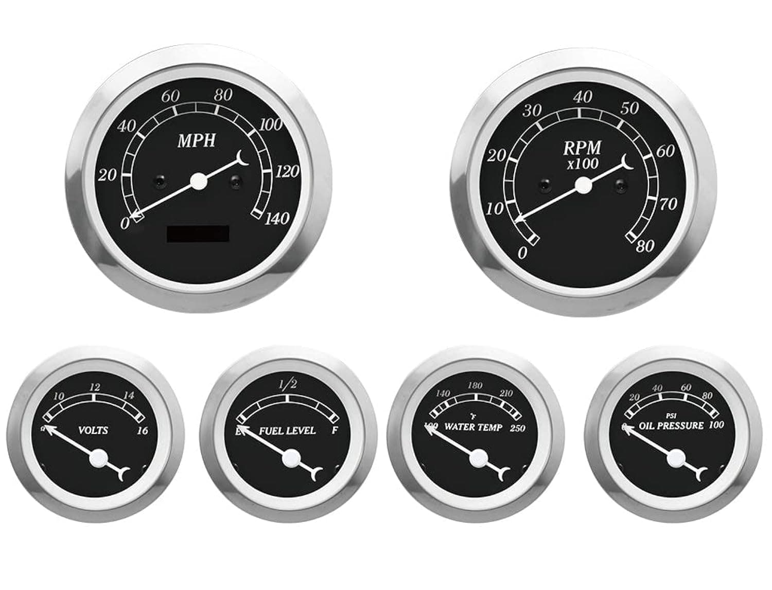 - MOTOR METER RACING Classic 6 Gauge Set with ECU Based Electrical Speedometer Digital Odometer Black Dial White Needle Light Bulb Illumination 85mm 3-3/8" & 52mm 2-1/16"