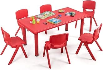 HONEY JOY Kids Table and 6 Chair Set, 47 x 23.5 Inch Children Rectangular Table with Stackable Seats, 7 Pcs Plastic Activity Toddler Furniture Set for Playroom Daycare, Gift for Boys Girls