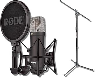 Rode NT1 Signature Series - Black Condenser Microphone with SM6 Shockmount, Tripod Base Microphone Stand and Pop Filter