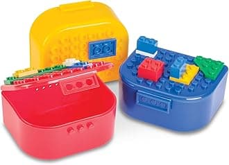 Building Blocks Toy Storage & Display Boxes with Baseplate Top, Portable Travel Case, Holds Small Parts, Minifigures, Bricks, Snap Closure, Connects Top & Bottom, 3 Pack