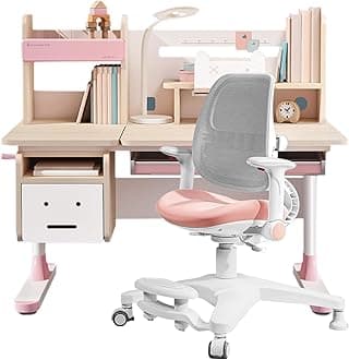 FCD Wood Adjustable Height Kids Study Desk with Chair, Reading Homework Drawing Table Computer Station Built-in Bookshelf Hutch, Tablet Holder, Tiltable Desktop and Storage Drawer (Pink, Wood of Fir)